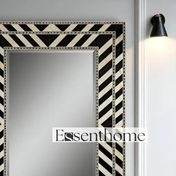 Handmade Black & White Bone Inlay Vanity Mirror - Striped Pattern - Image 4
