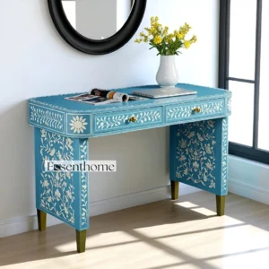 Sky Blue Bone Inlay Console – 2 Drawer Floral Entryway Table
