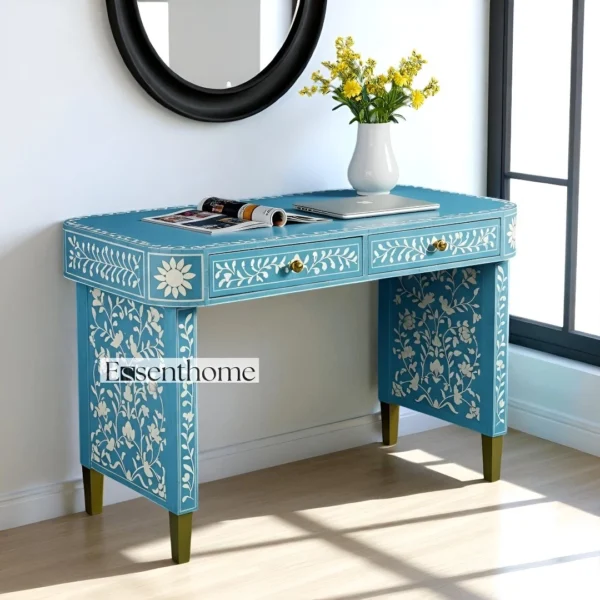 Sky Blue Bone Inlay Console – 2 Drawer Floral Entryway Table