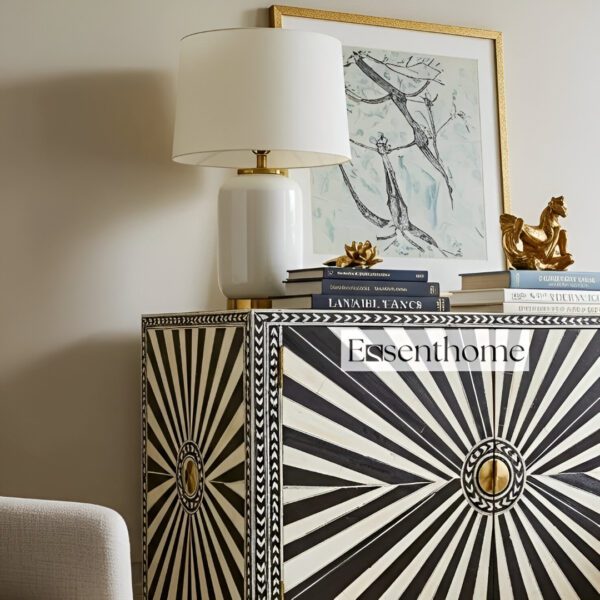 Handmade Bone Inlay Dresser 4 Drawer Black & White Starburst Pattern - Image 2