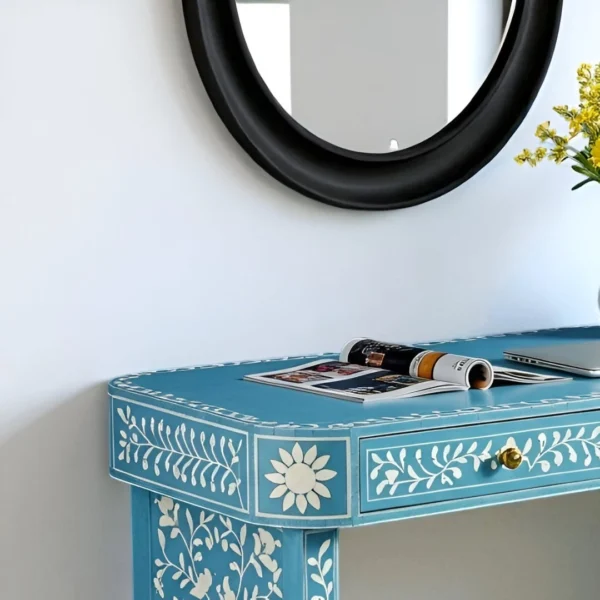 Sky Blue Bone Inlay Console – 2 Drawer Floral Entryway Table - Image 2