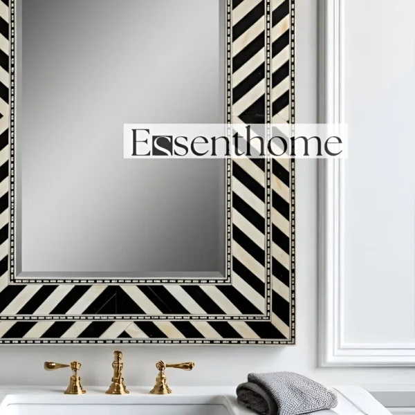 Handmade Black & White Bone Inlay Vanity Mirror - Striped Pattern - Image 5