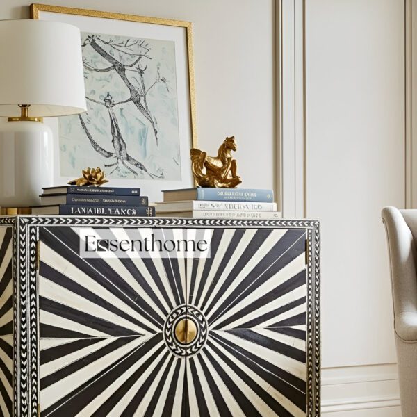 Handmade Bone Inlay Dresser 4 Drawer Black & White Starburst Pattern - Image 3