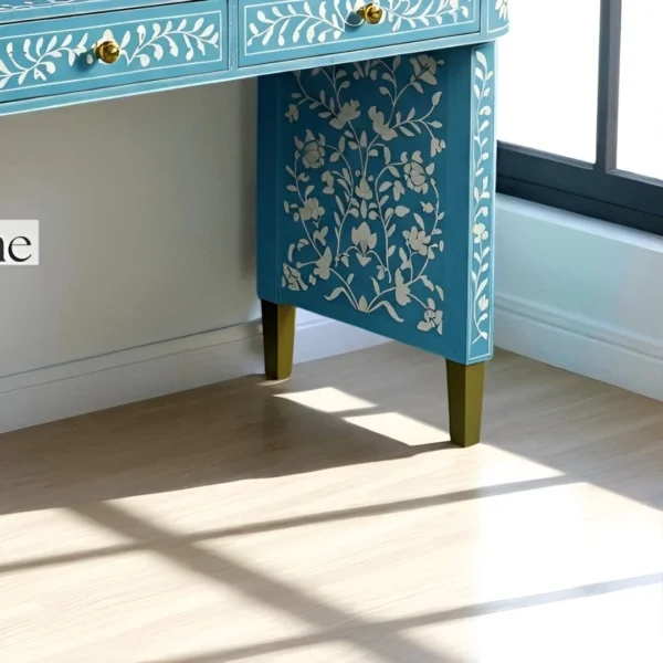Sky Blue Bone Inlay Console – 2 Drawer Floral Entryway Table - Image 3