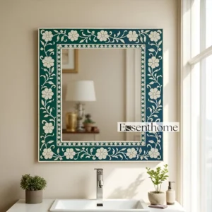 Handmade Floral Bone Inlay Mirror- Green White Frame