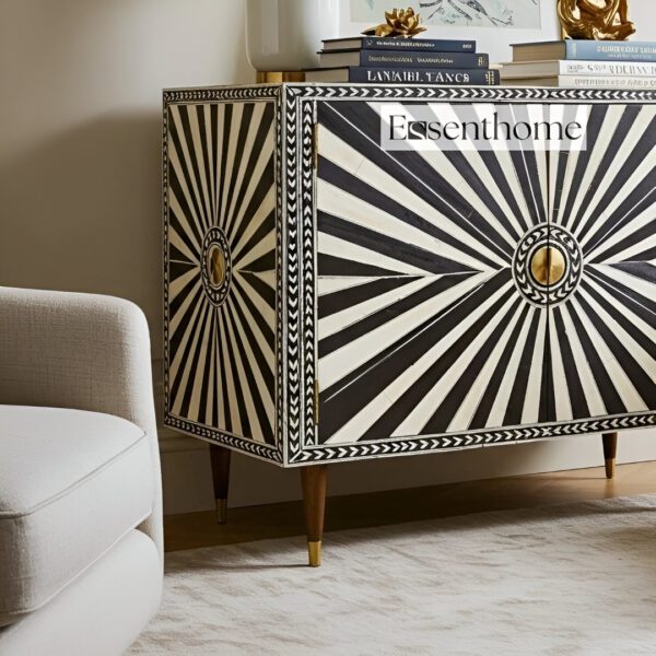 Handmade Bone Inlay Dresser 4 Drawer Black & White Starburst Pattern - Image 4