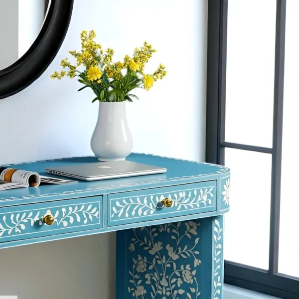 Sky Blue Bone Inlay Console – 2 Drawer Floral Entryway Table - Image 4