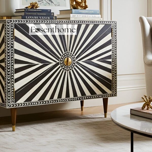 Handmade Bone Inlay Dresser 4 Drawer Black & White Starburst Pattern - Image 5