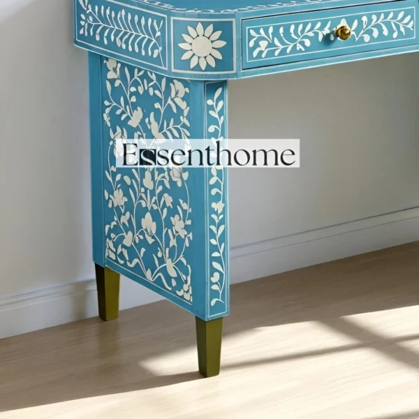 Sky Blue Bone Inlay Console – 2 Drawer Floral Entryway Table - Image 5