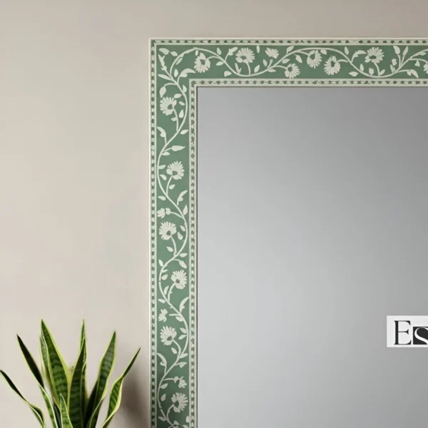 Handmade Green Bone Inlay Wall Mirror – Floral Pattern Frame - Image 2