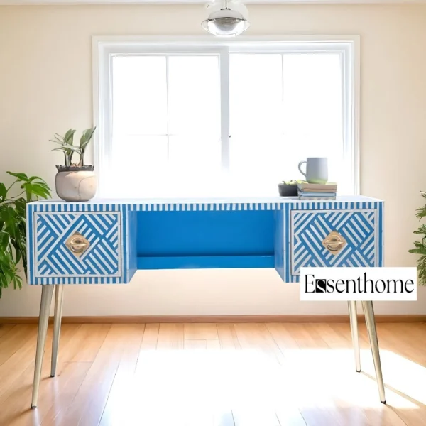 Blue Bone Inlay Desk – Optical Pattern with Brass Legs