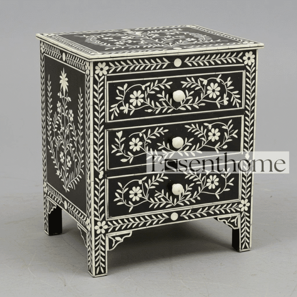 Black bone inlay bedside table - Floral Pattern