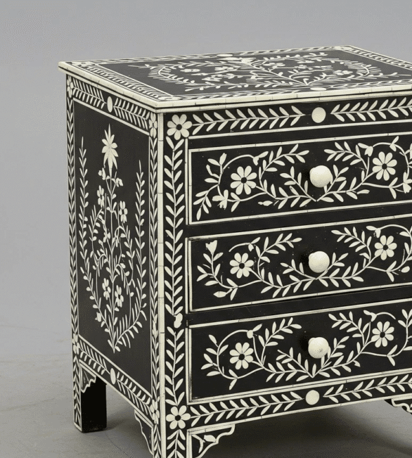 Black bone inlay bedside table - Floral Pattern - Image 2