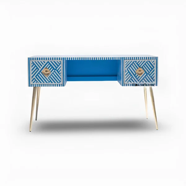 Blue Bone Inlay Desk – Optical Pattern with Brass Legs - Image 2