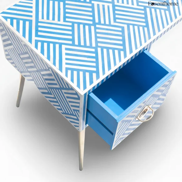 Blue Bone Inlay Desk – Optical Pattern with Brass Legs - Image 3