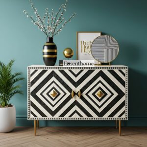 Handmade Bone Inlay Dresser 4 Drawer Floral Black  Chest