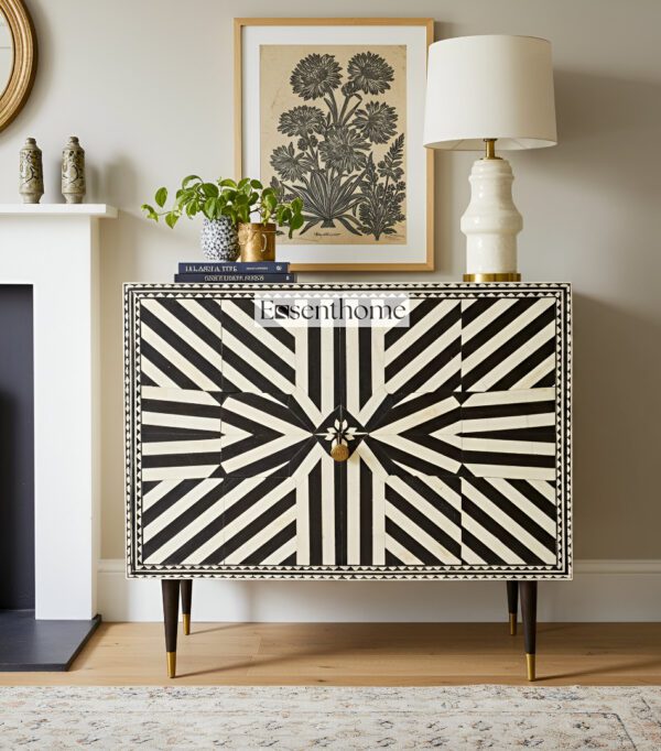 Handmade Geometric Bone Inlay Chest | Black & White Chevron Dresser