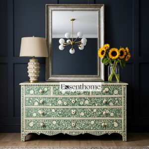 Handmade Bone Inlay Floral Green Dresser 6 Drawer Storage Chest