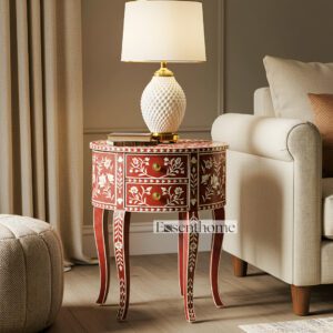 Red Bone Inlay End Table Floral Round 2 Drawer Accent
