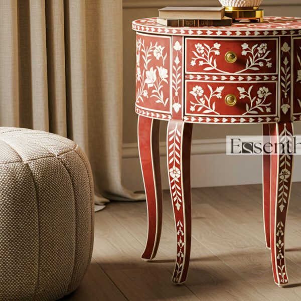 Red Bone Inlay End Table Floral Round 2 Drawer Accent - Image 3