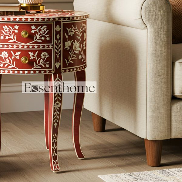 Red Bone Inlay End Table Floral Round 2 Drawer Accent - Image 4