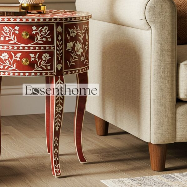 Red Bone Inlay End Table Floral Round 2 Drawer Accent - Image 5