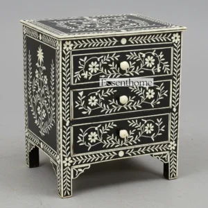 Handmade Black and White Bone Inlay Bedside Table featuring intricate floral pattern, Indian nightstand design, with bone knob handles and elegant craftsmanship