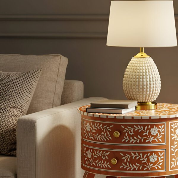 Orange Bone Inlay End Table – Round Floral Design with 2 Drawers - Image 4
