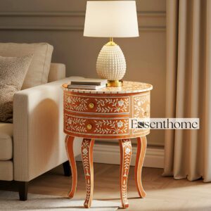 Orange Bone Inlay End Table – Round Floral Design with 2 Drawers