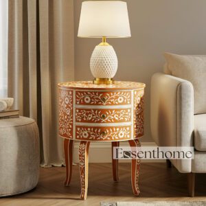 Orange Bone Inlay End Table – Floral Round 3 Drawer Accent