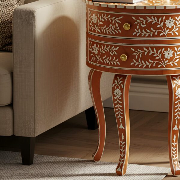Orange Bone Inlay End Table – Round Floral Design with 2 Drawers - Image 3