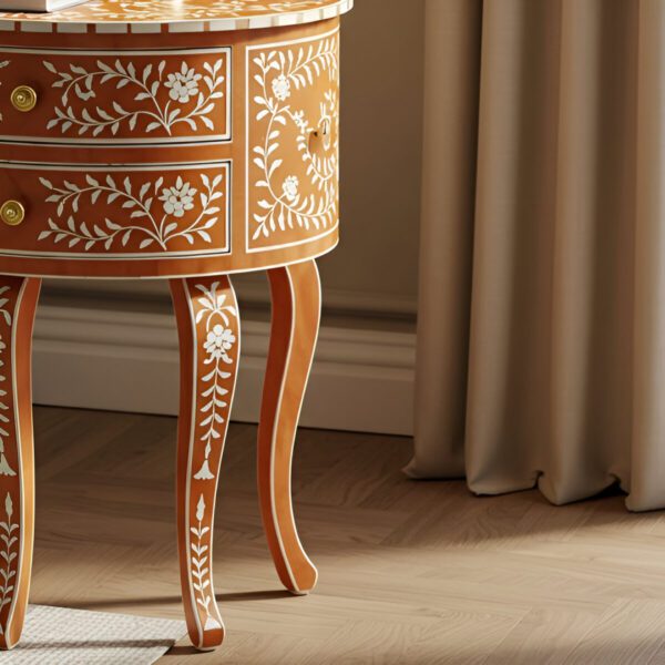 Orange Bone Inlay End Table – Round Floral Design with 2 Drawers - Image 2