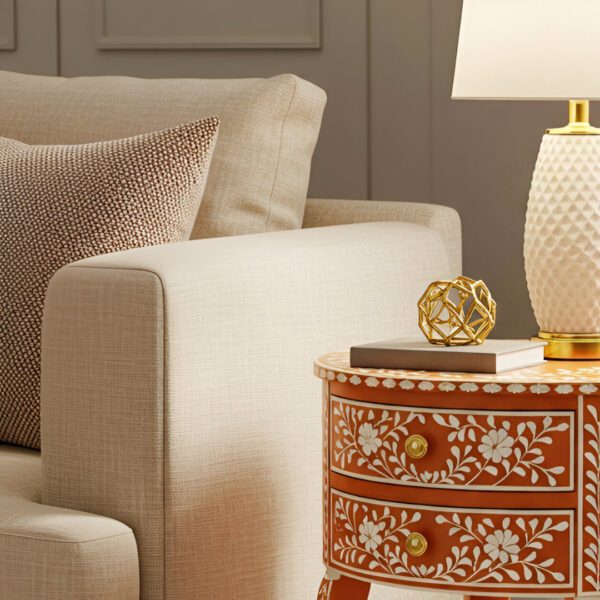 End Table Bone Inlay  Orange Floral Round 2 Drawer Accent - Image 2