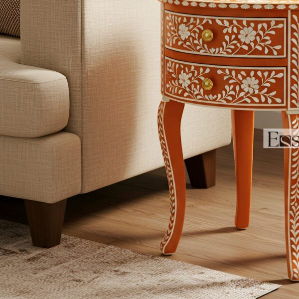 End Table Bone Inlay  Orange Floral Round 2 Drawer Accent - Image 4