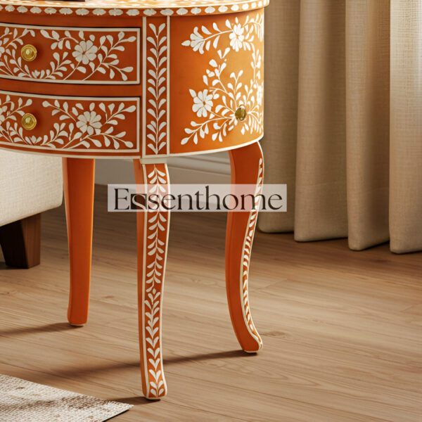 End Table Bone Inlay  Orange Floral Round 2 Drawer Accent - Image 5