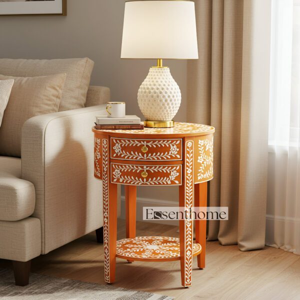 Bone Inlay End Table – Red Floral Round 2 Drawer Accent Side Table