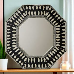 Handmade Bone Inlay Wall Mirror Octagon Black White Teardrop Design 30"x30"