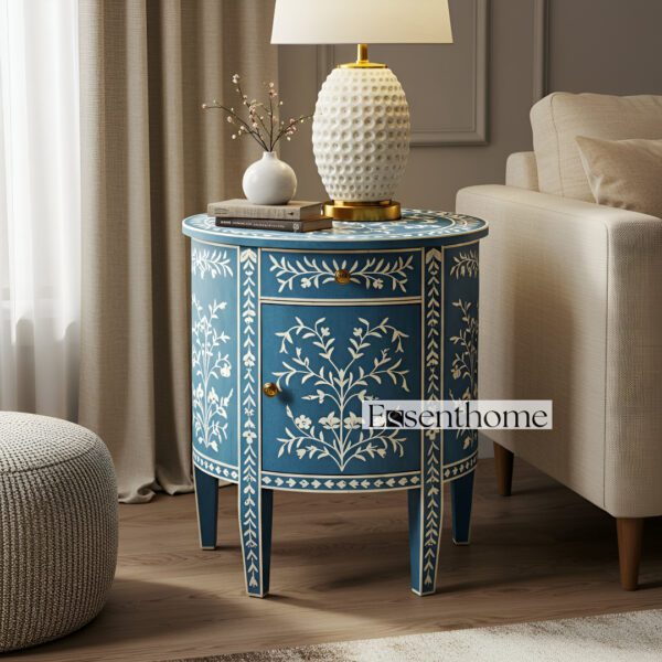 Handmade Bone Inlay Nightstand - Blue