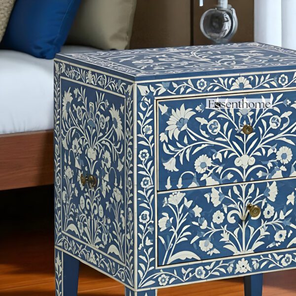 Handmade Blue Bone Inlay Bedside Table Floral 2-Drawer - Image 2
