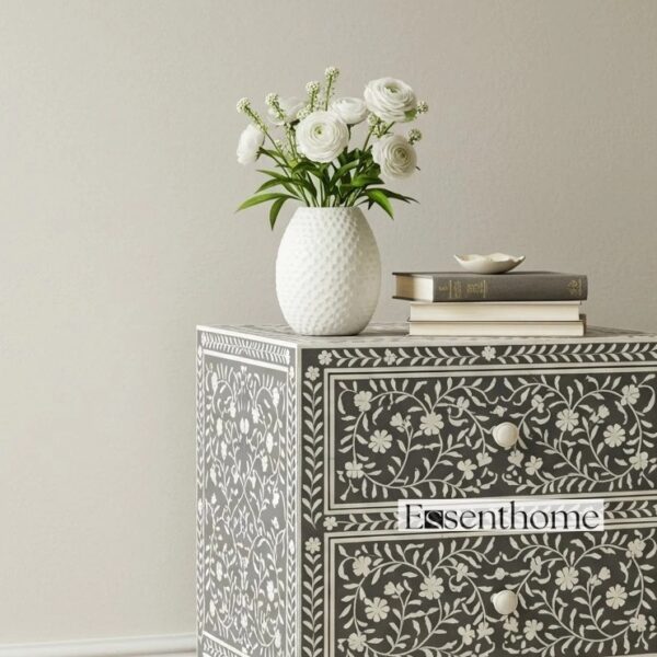 Handmade Bone Accent inlay nightstand Floral 2-Drawer - Image 4