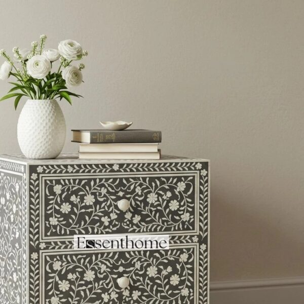 Handmade Bone Accent inlay nightstand Floral 2-Drawer - Image 5