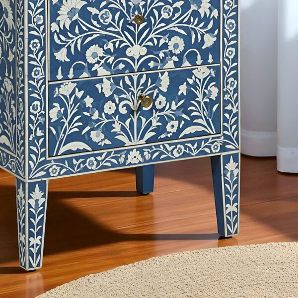 Handmade Blue Bone Inlay Bedside Table Floral 2-Drawer - Image 5