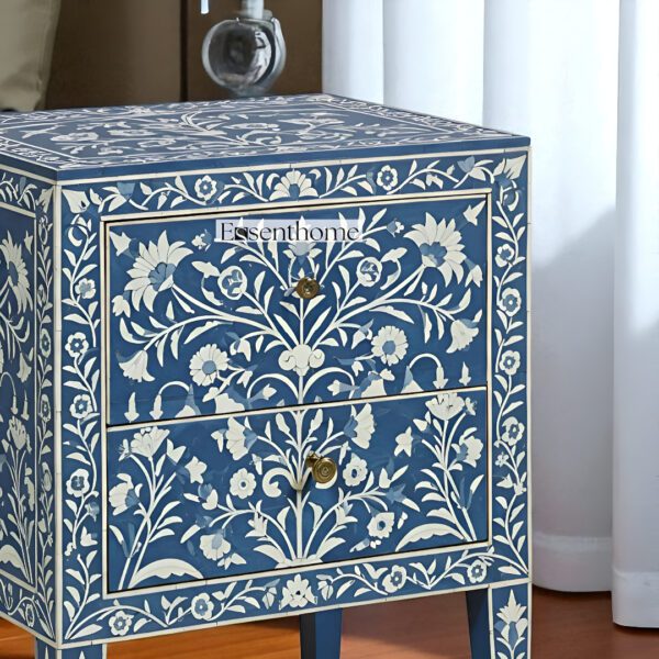 Handmade Blue Bone Inlay Bedside Table Floral 2-Drawer - Image 3