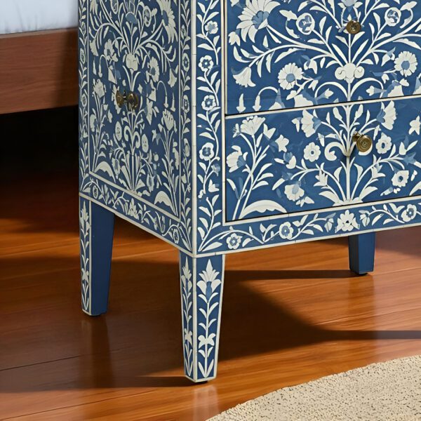 Handmade Blue Bone Inlay Bedside Table Floral 2-Drawer - Image 4