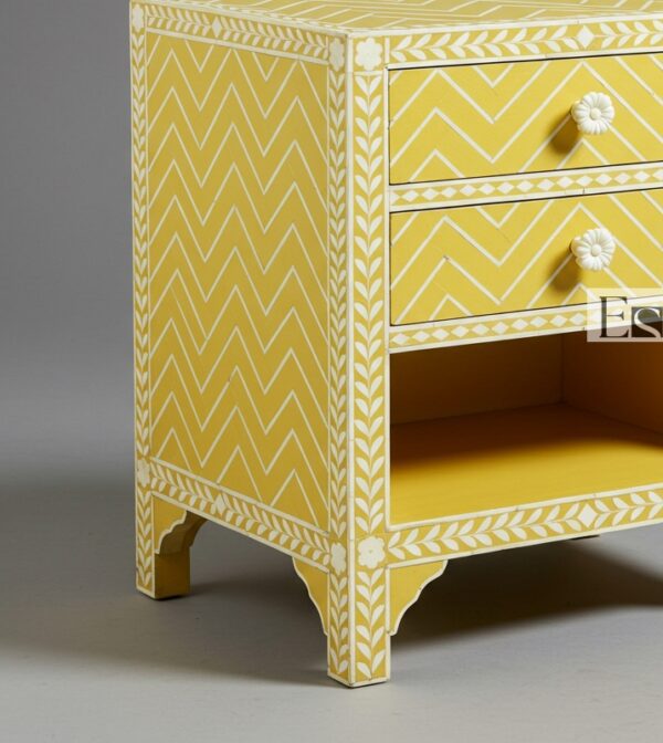 Yellow Bone Inlay Bedside Table– 2 Drawers and Shelf - Image 4