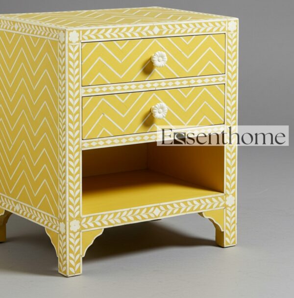Yellow Bone Inlay Bedside Table– 2 Drawers and Shelf - Image 5