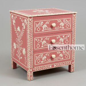 Peach Floral Bone Inlay Nightstand – 3 Drawer Handmade Table