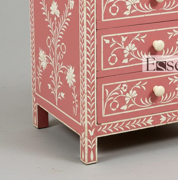 Peach Floral Bone Inlay Nightstand – 3 Drawer Handmade Table - Image 4