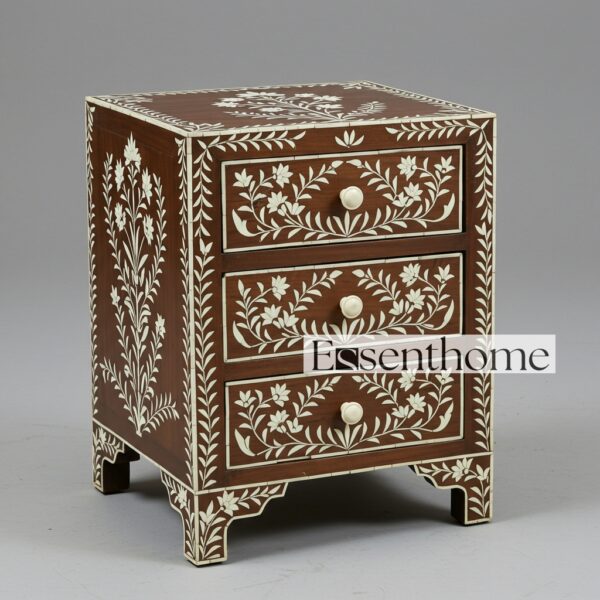 Handmade Brown Floral Inlay Nightstand - 3Drawer