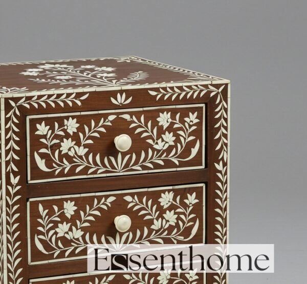 Handmade Brown Floral Inlay Nightstand - 3Drawer - Image 3